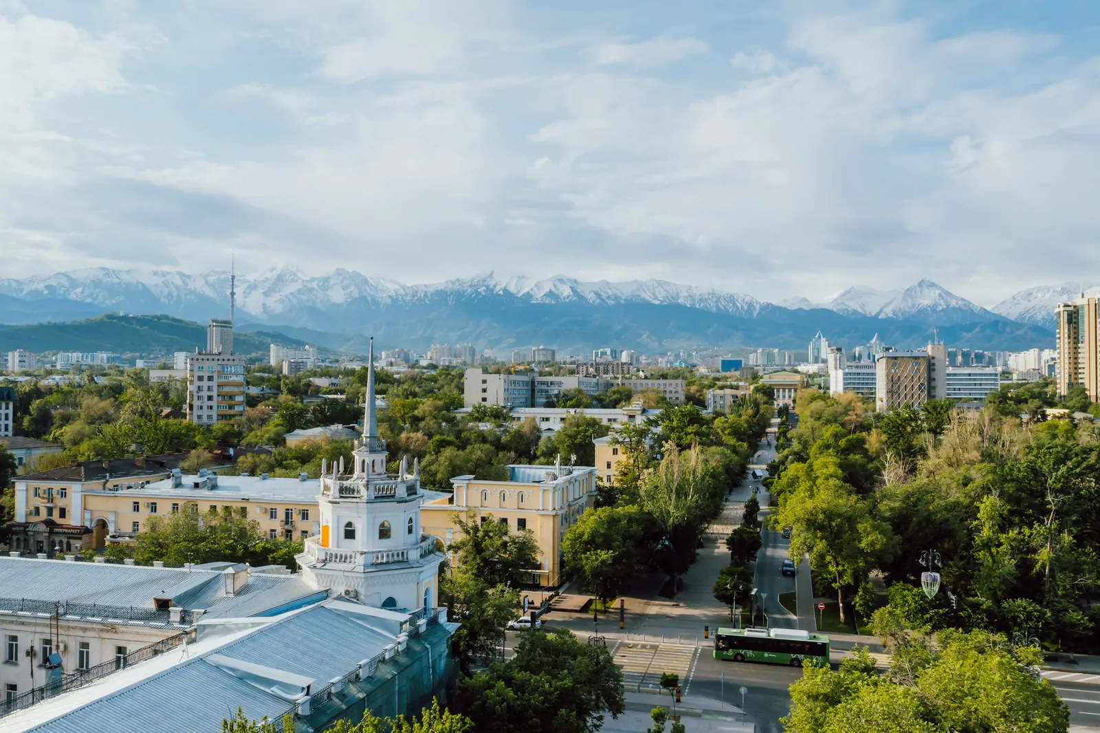 Almaty from above, with the Tian Shan mountains behind the city