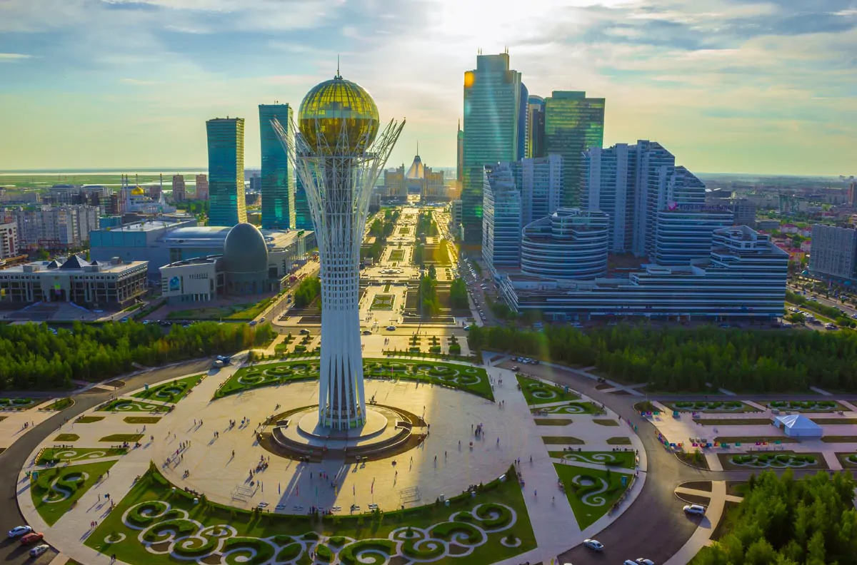 The Baiterek tower and the central boulevard of Astana
