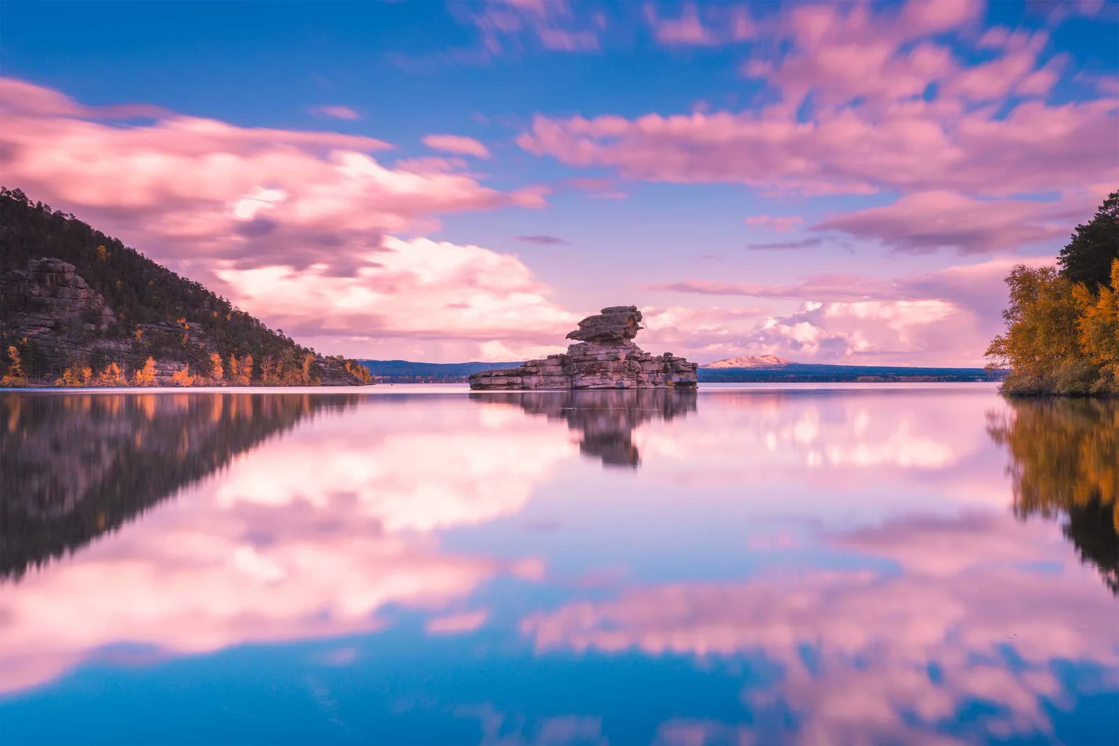 The Zhumbaktas rock on Lake Borovoe at sunset
